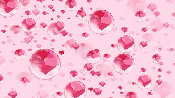 a lot of red hearts inside bubbles on a pink background, soap bubble