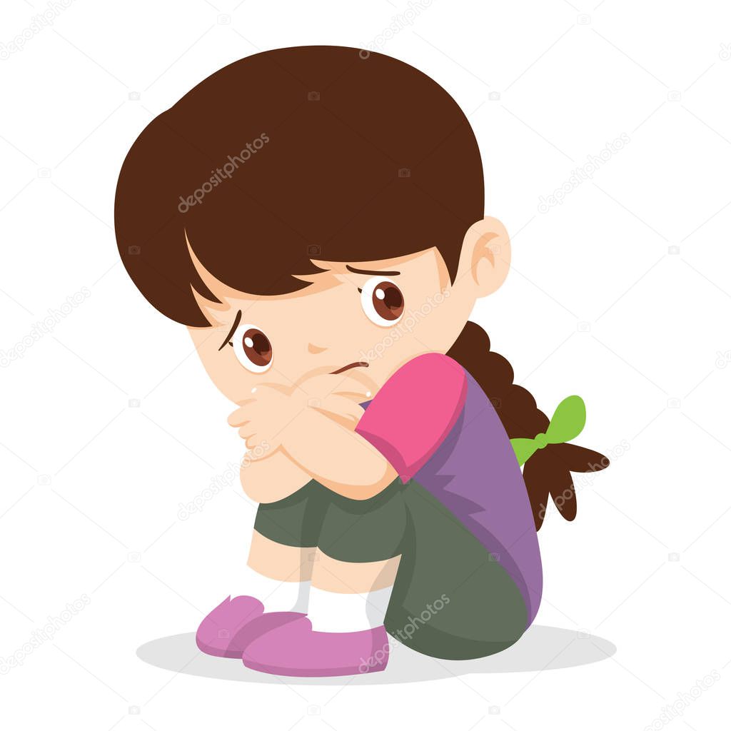 Sad Girl,Depressed Girl looking lonely .Illustration of a sad child, helpless, bullying. 