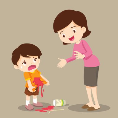 Küçük çocuk lekeli shirt.accident, Anne ile gömlek lekeli beverage.boy affet.