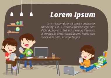 Öğrenci elektronik Internet arka plan afiş online oylama için dizüstü bilgisayar, tablet ve smartphone gibi mobil araçları kullanma.