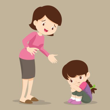  Üzgün çocuk kucaklamak istiyor. Kızı Anne Comforting üzgün İlköğretim. Üzgün kız suçluluk rahatlatıcı anne.