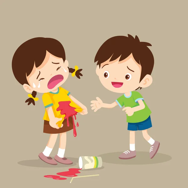Αγκαλιά Αγόρι Κορίτσι Είναι Λεκιασμένα Beverage Girl Shirt Accident Βάφονται — Διανυσματικό Αρχείο