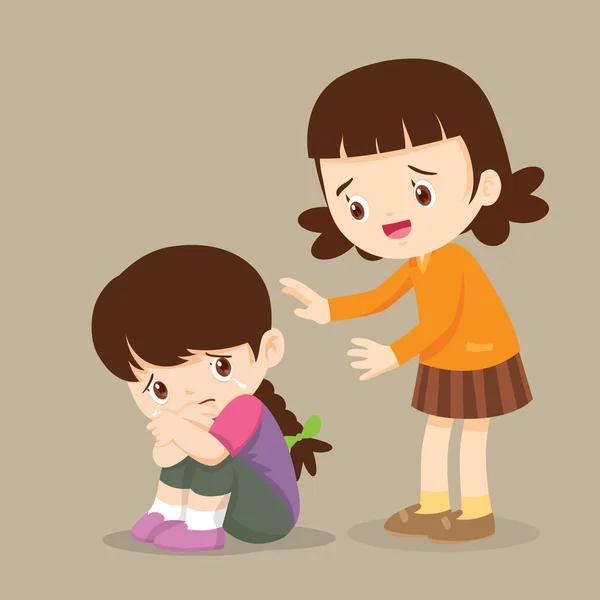 Linda Chica Consolando Llanto Friend Children Consoling Llorar Aislar Background — Vector de stock