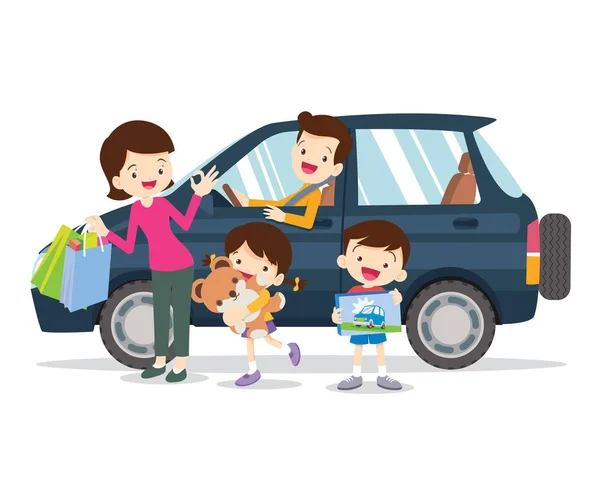 Traveling Family Young Family Children Trip Car People Set Father — Stock Vector