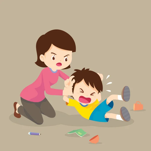 Mutter Geht Mit Wütendem Jungen Familie Macht Sich Sorgen Mit — Stockvektor