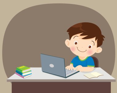 Dizüstü, Laptop, dizüstü bilgisayar, dizüstü bilgisayar kullanarak çocuk kullanımı ile okuyan çocuk illüstrasyon ile öğrenci