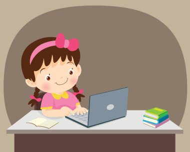 dizüstü bilgisayar, dizüstü bilgisayar, kullanımı ile eğitim dizüstü bilgisayar, dizüstü bilgisayar kullanan kız çocuk illüstrasyon ile öğrenci