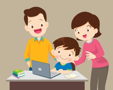 Dizüstü çalışan çocuklar, aile çocuk kız dizüstü bilgisayar ile bir şey mutlu olmak