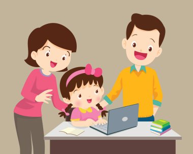 Dizüstü çalışan çocuklar, aile çocuk kız dizüstü bilgisayar ile bir şey mutlu olmak