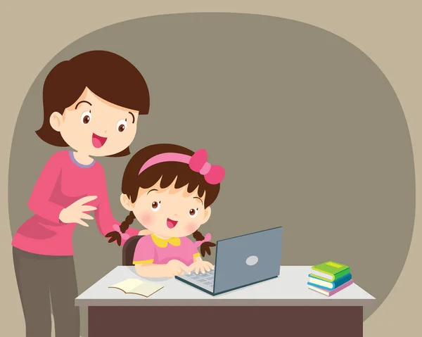 Barn Som Arbetar Laptop Vara Mamma Glad För Något Barn — Stock vektor