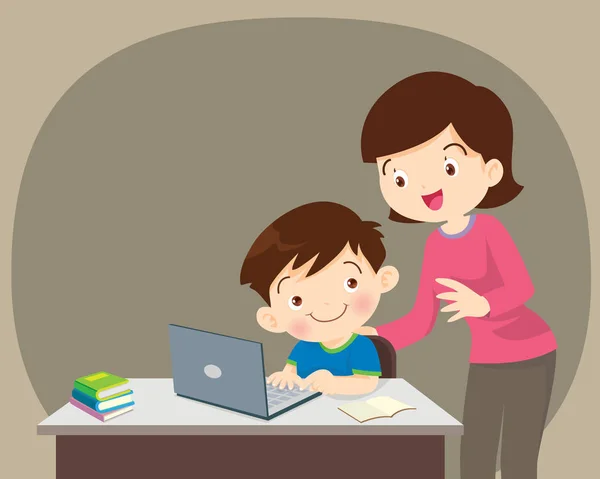 Kinder Arbeiten Laptop Mama Freut Sich Für Etwas Von Kindern — Stockvektor