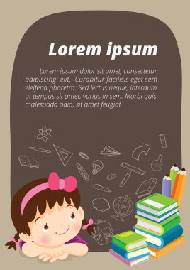 çocuk kız düşünme fikir ve kara tahta. Güzel bir çocuk hayal text.education konsepti için boşlukla chalkboard ve Kitaplar arka plan template.used web afiş, zemin, reklam, promosyon ile sınıfta.