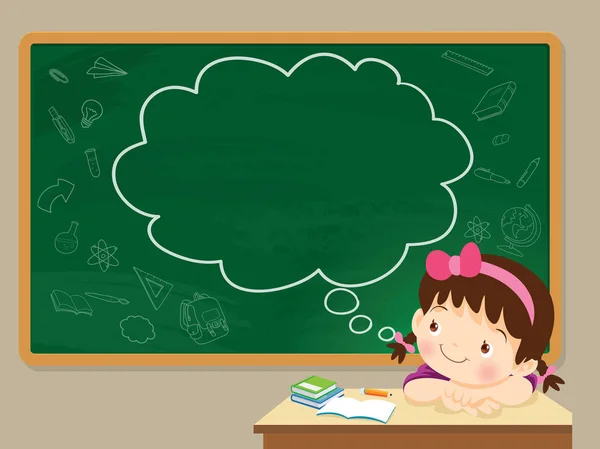 Children Girl Thinking Idea Chalkboard Cute Kid Imagine Classroom Text — Stock Vector