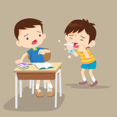 Hasta çocuk burun darbe. Sevimli çocuk sınıf arkadaşınıza onun nose.coughing çocuktan sümük silmek için doku kullanma