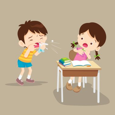 Hasta çocuk burun darbe. Sevimli çocuk sınıf arkadaşınıza onun nose.coughing çocuktan sümük silmek için doku kullanma