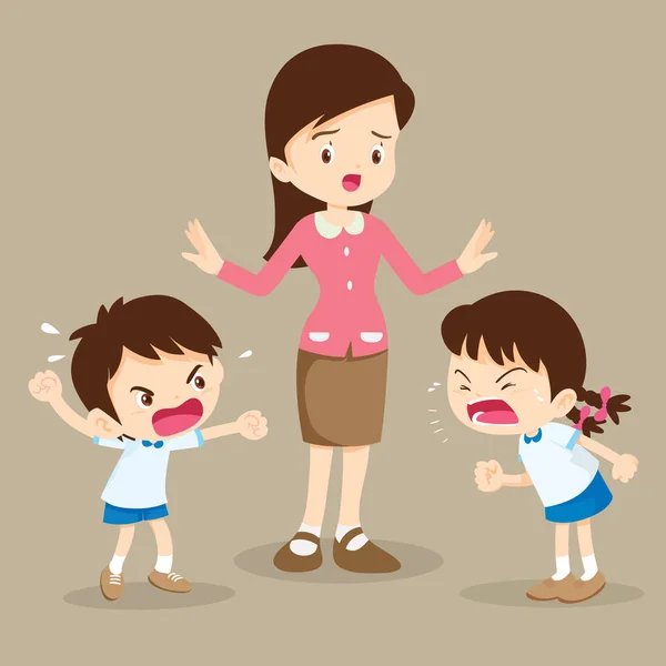 Angry Child Teacher Tried Stop Children Shouting Each Other Boy — Stock Vector