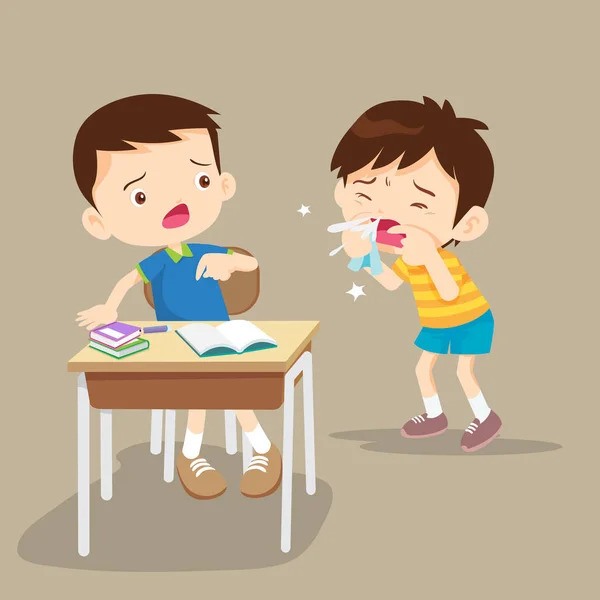 Sick Child Blow Nose Cute Boy Using Tissue Wipe Snot — Stock Vector