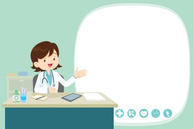 Doktor hastane, revir, clinic.healthcare kavramı masada oturma mevcut. Karakter profesyonel hekim çalışma alanı çizim üzerinde. Afiş, düzeni şablonu, kapak, boş alanı