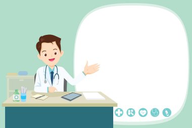 Doktor hastane, revir, clinic.healthcare kavramı masada oturma mevcut. Karakter profesyonel hekim çalışma alanı çizim üzerinde. Afiş, düzeni şablonu, kapak, boş alanı
