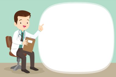 Doktor hastane, revir, clinic.healthcare kavramı masada oturma mevcut. Karakter profesyonel hekim çalışma alanı çizim üzerinde. Afiş, düzeni şablonu, kapak, boş alanı