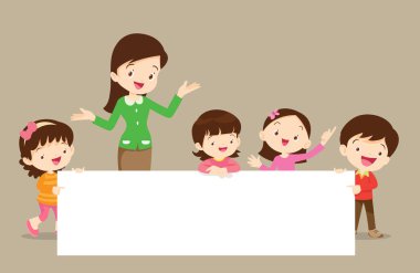 Öğretmen ve boş tutan çocuk imzalar presentation.children ve afiş. Erkek ve kız boş kağıtlar illüstrasyon işaret.