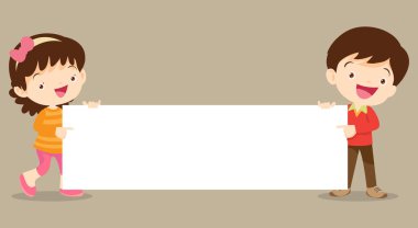 boş tutan çocuk presentation.children ve afiş imzalar. Erkek ve kız boş kağıtlar illüstrasyon işaret.