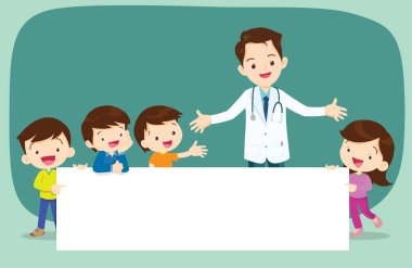 Doktor ve çocuk boş işaretler presentation.children ve afiş tutarak. Erkek ve kız boş kağıtlar illüstrasyon işaret.