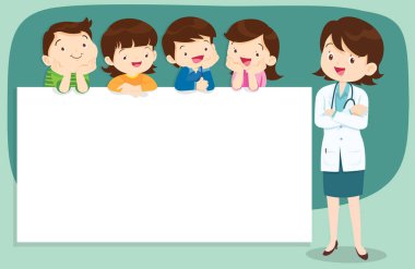 Doktor ve çocuk boş işaretler presentation.children ve afiş tutarak. Erkek ve kız boş kağıtlar illüstrasyon işaret.