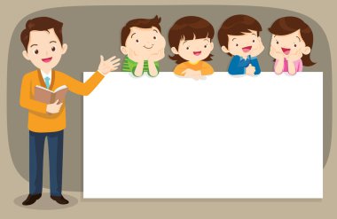 Öğretmen ve boş tutan çocuk imzalar presentation.children ve afiş. Erkek ve kız boş kağıtlar illüstrasyon işaret.