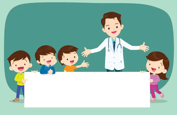 Läkare Och Barn Hålla Tomt Tecken Presentation Children Och Banner — Stock vektor