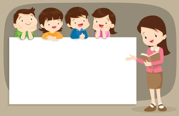 Enseignant Enfants Tenant Des Panneaux Vierges Présentation Children Banner Boy — Image vectorielle