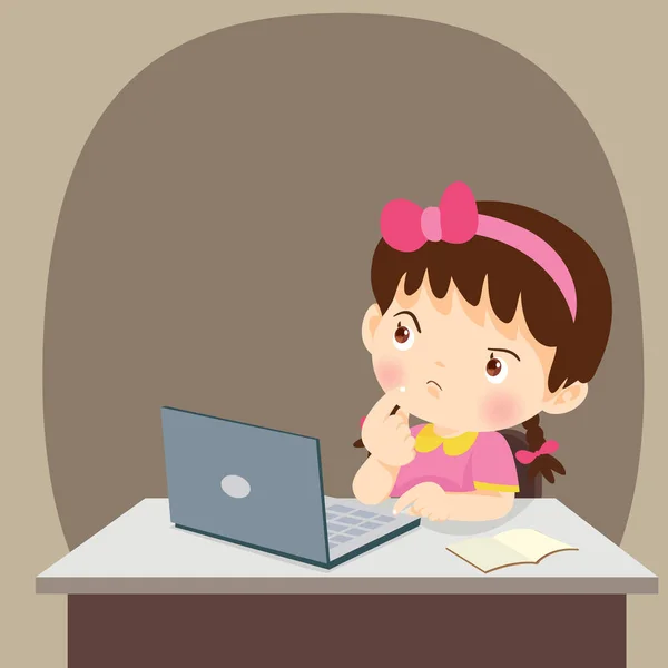 Thinking child students girl thinking with laptop — Stock Vector