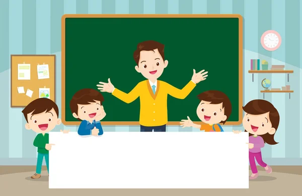 Učitel a děti chlapské děvče s nápisem — Stockový vektor