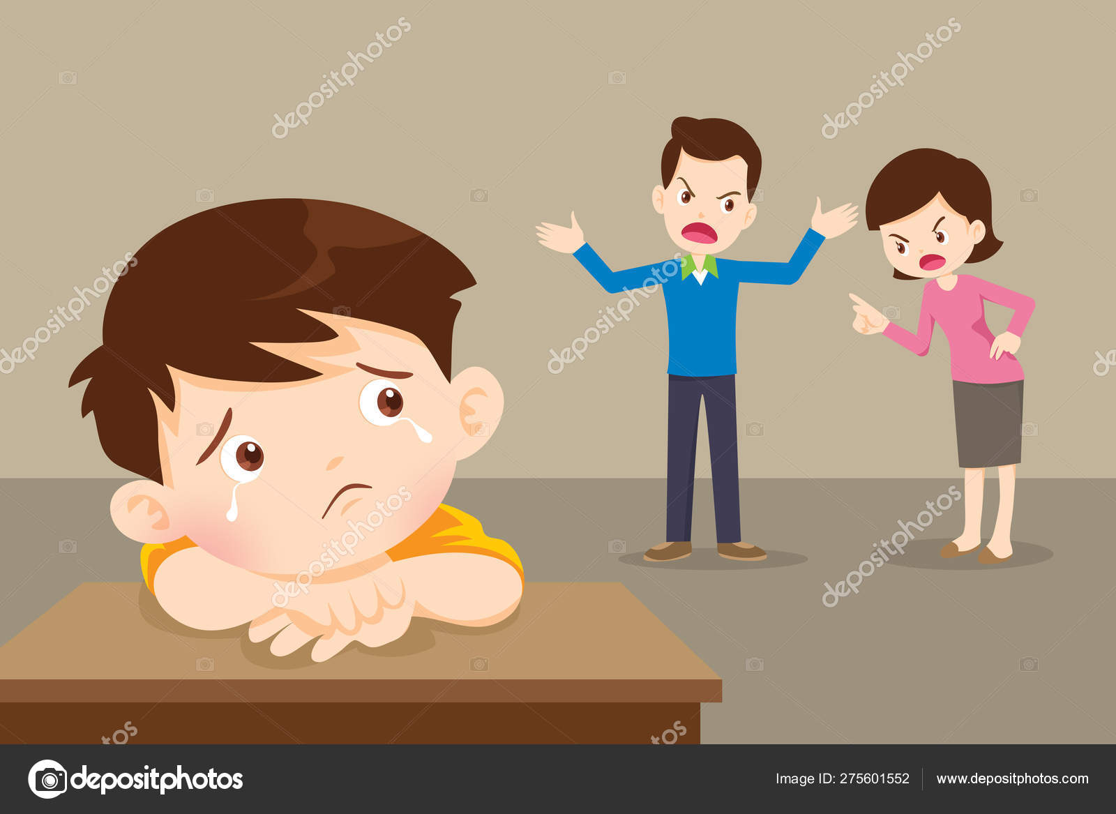 怒っているお父さんとお母さんのけんかを持つ悲しい子供 ストックベクター ©watcartoon 275601552, image size:1600x1167