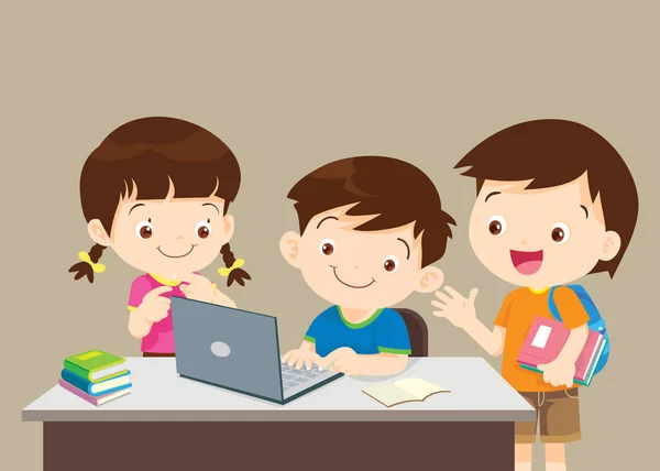Bambini e amici utilizzando il computer portatile — Vettoriale Stock