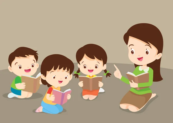 Profesora enseñando Lindos Niños Leyendo Libros — Vector de stock