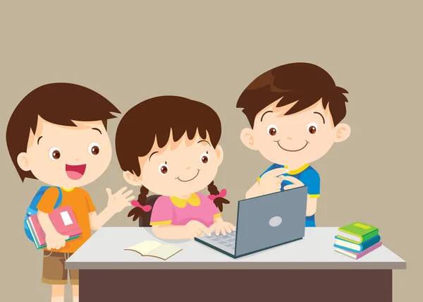 Niños y amigos usando laptop — Vector de stock