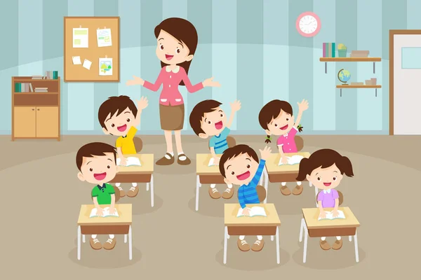 Μαθητές που μεγαλώνουν το χέρι και ο δάσκαλος παίρνει τάξη. Πίσω στο σχολείο. — Διανυσματικό Αρχείο