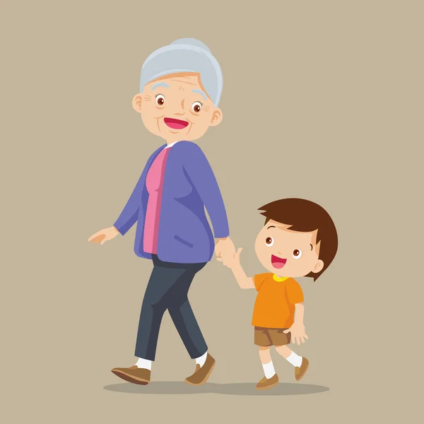 Kleinzoon wandelen met zijn grootmoeder — Stockvector