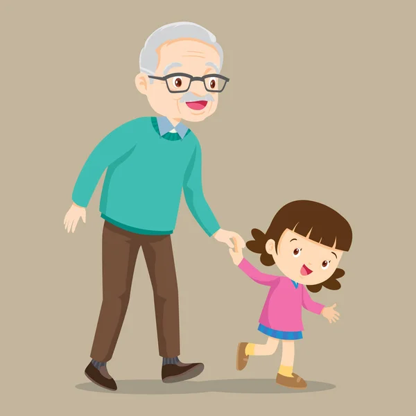 Nieta caminando con su abuelo — Vector de stock