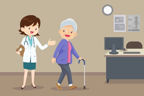 Médecin aide sa grand-mère à aller à la marchette — Image vectorielle