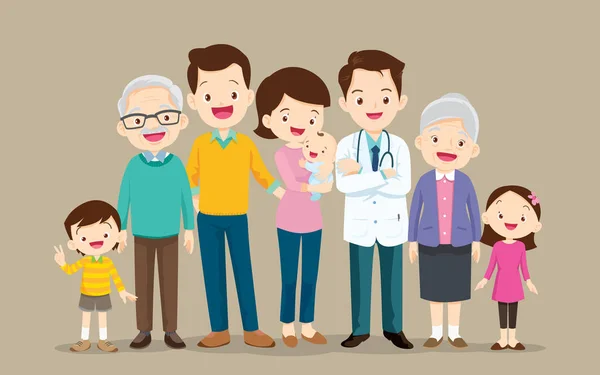 Doctor y gran familia feliz conjunto — Vector de stock