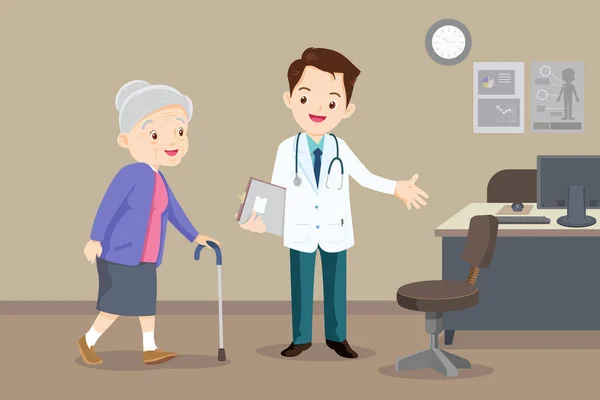 Médico ayuda a la abuela a ir al andador — Vector de stock