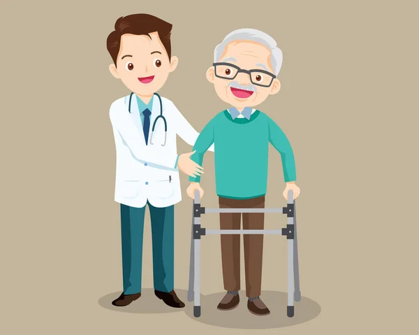 Médico ayuda a su abuelo a ir al andador — Vector de stock