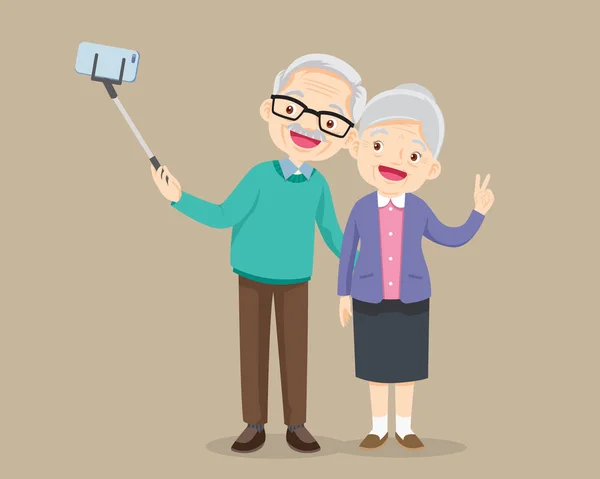 スマートフォンでセルフ写真を作る高齢夫婦 — ストックベクタ