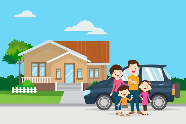 Happy family in the background of his home and car — Stock Vector