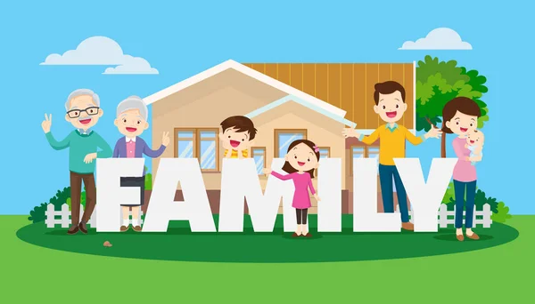 Μεγάλη ευτυχισμένη οικογένεια στο παρασκήνιο της ιδέας του σπιτιού — Διανυσματικό Αρχείο