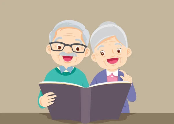 Grandfather with grandmother reading bigbook together — Stock Vector