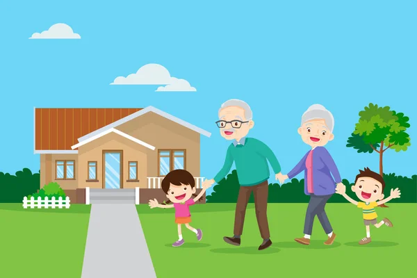 Großeltern mit Kindern sind Rollator in der Nähe des Hauses — Stockvektor