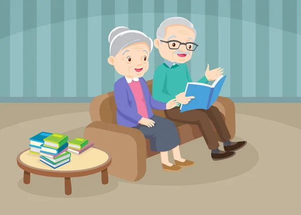 Дедушка с бабушкой вместе читают книгу на диване — стоковый вектор